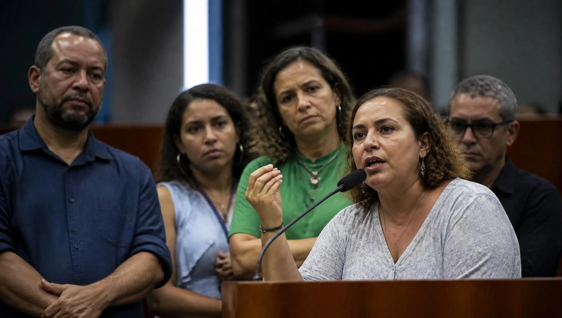 Representante de pacientes falando ao microfone em audiência pública, apoiada por outras pessoas