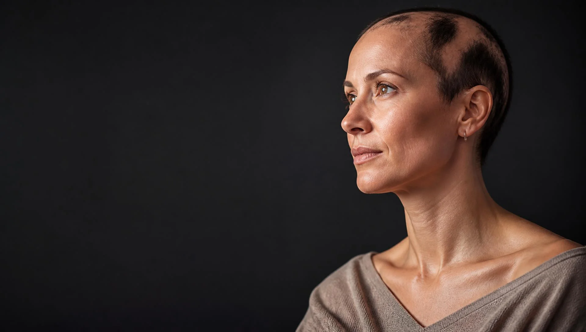 Retrato de perfil de mulher com alopecia areata, expressão serena
