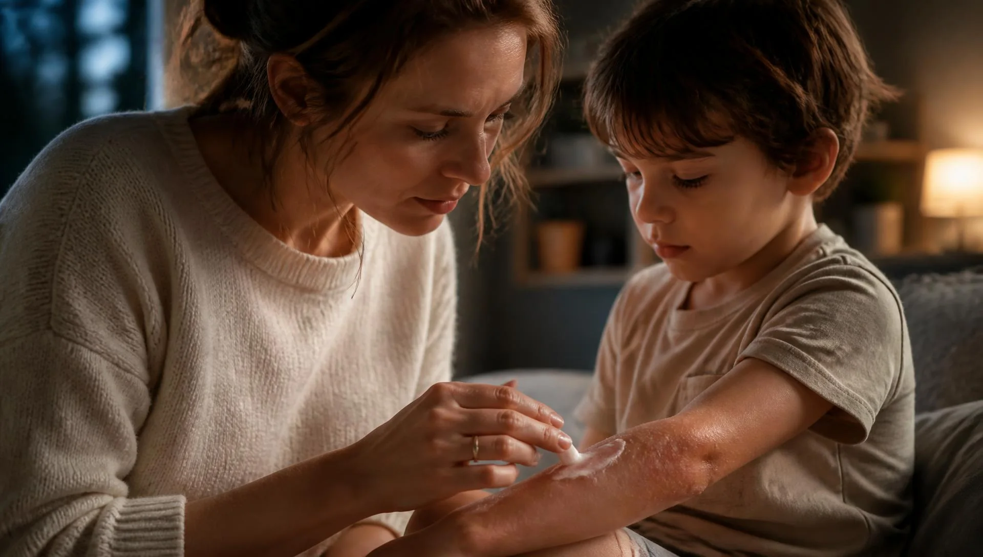 Mãe aplicando creme hidratante no braço do filho com dermatite atópica