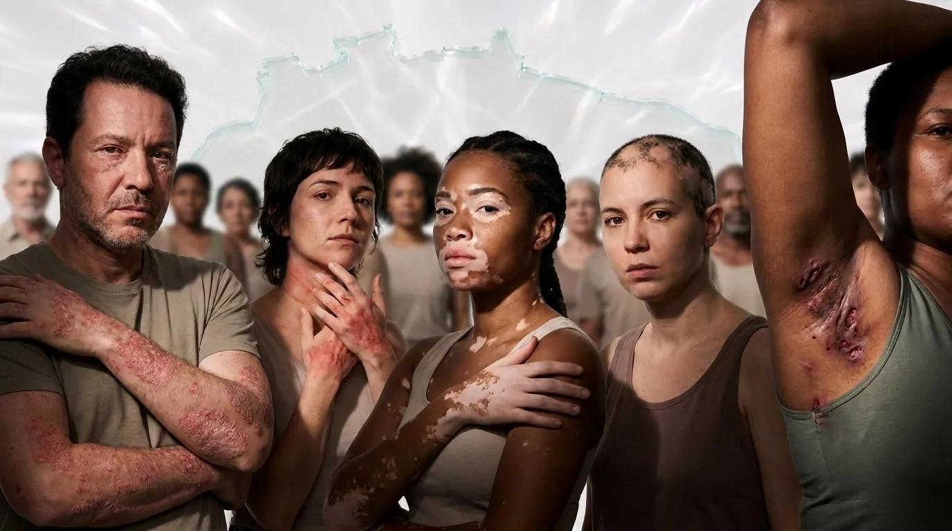 Pessoas com psoríase, dermatite, vitiligo, alopecia e hidradenite reunidas lado a lado