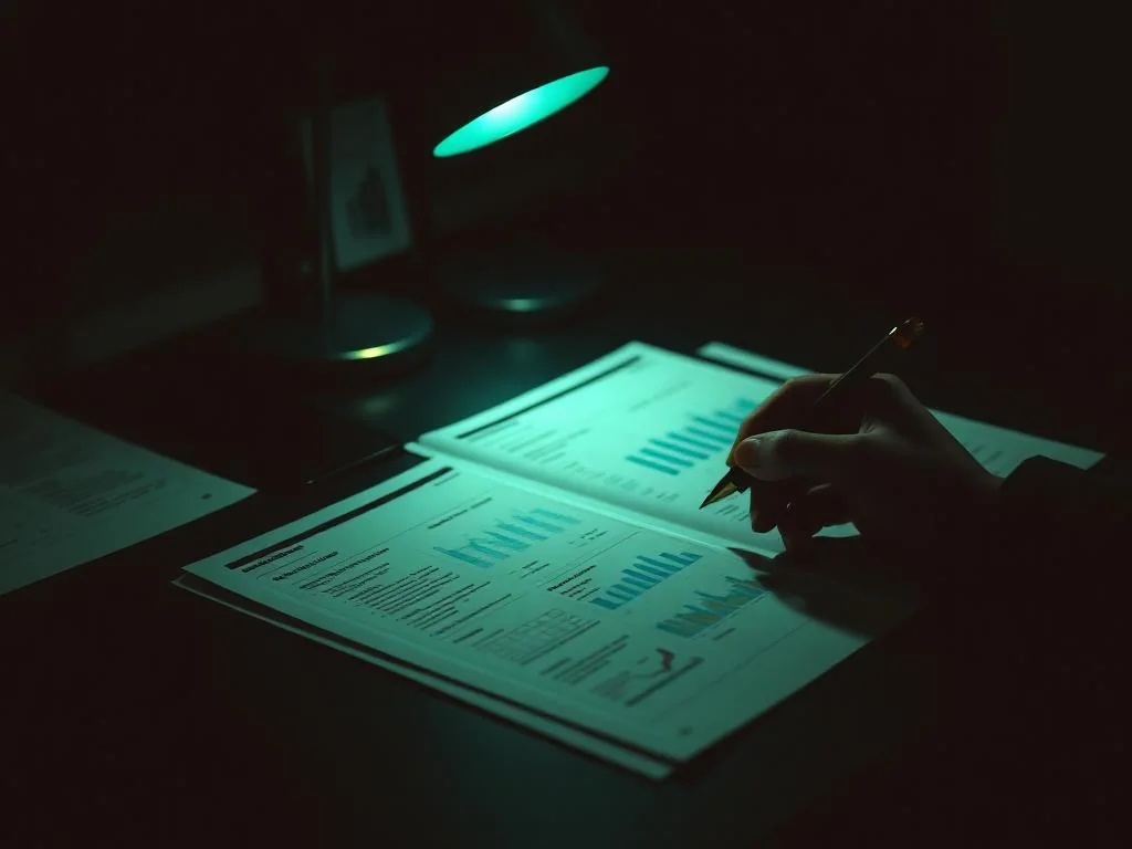 Relatório de pesquisa com gráficos sobre mesa iluminada