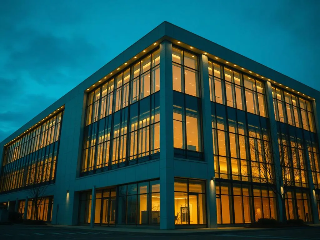 Fachada de prédio institucional iluminado ao anoitecer