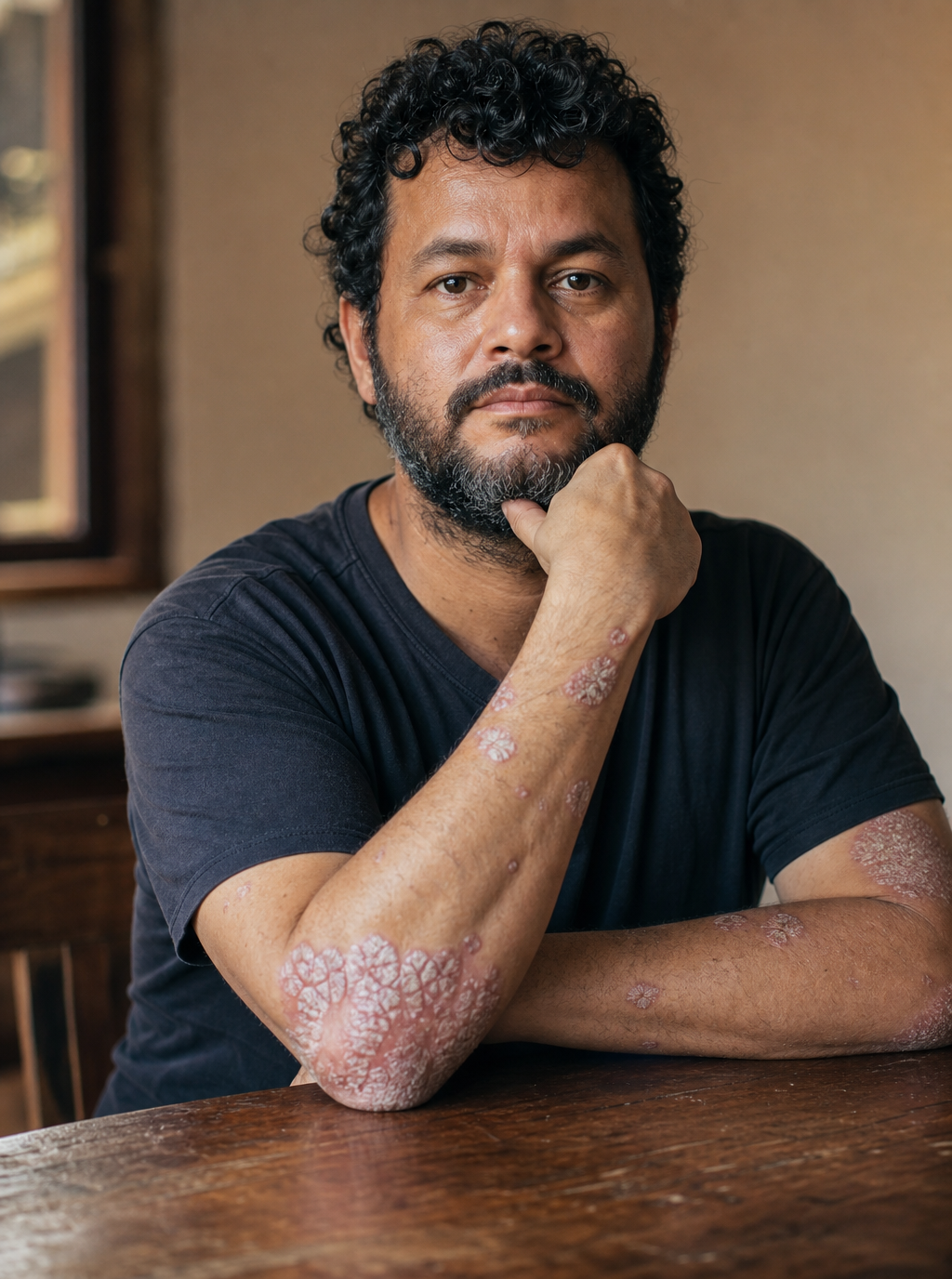 Paciente brasileiro com psoríase em retrato clínico humanizado