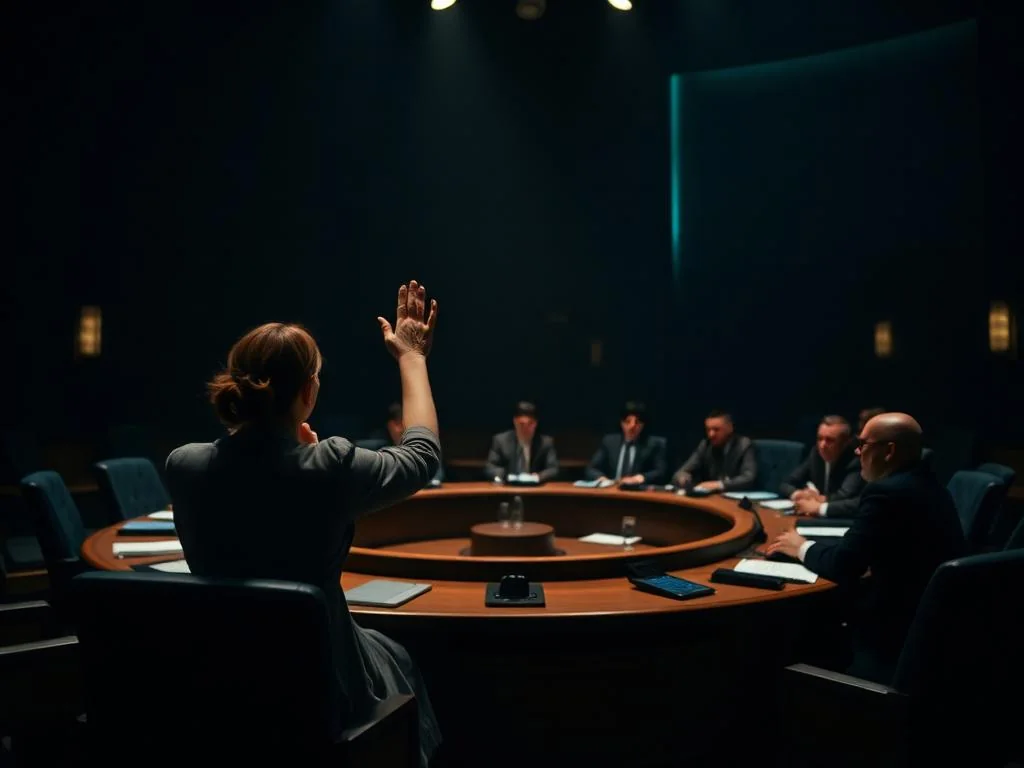 Mulher levantando a mão para falar em reunião de conselho