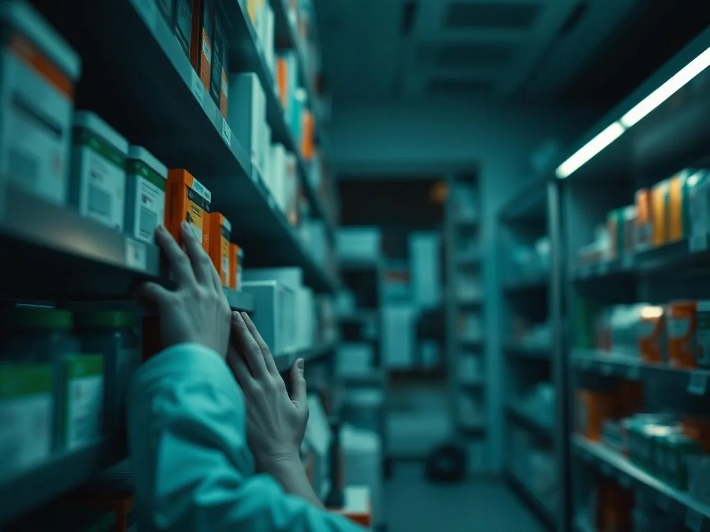 Farmacêutica organizando medicamentos em prateleira